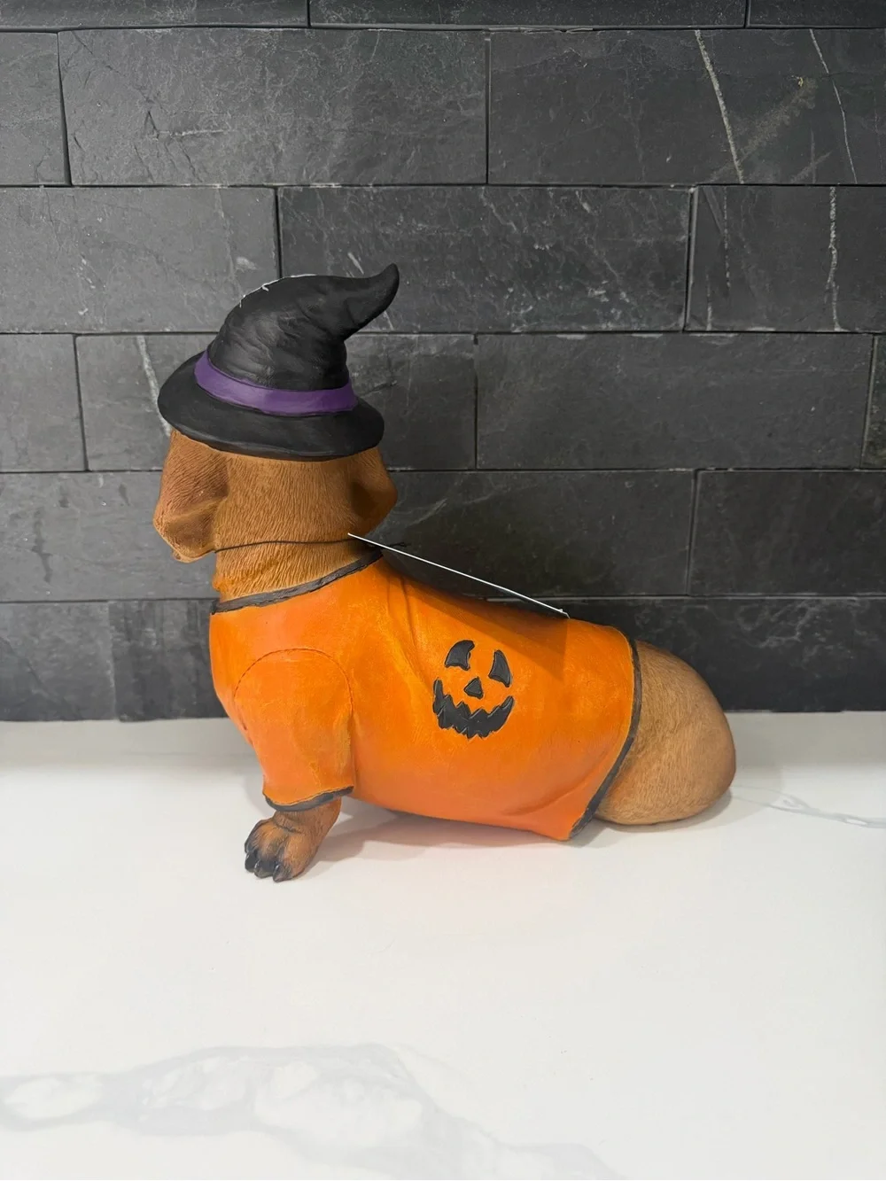 Halloween Dachshund Dog Figurine in Orange Sweater and Black Witch Hat